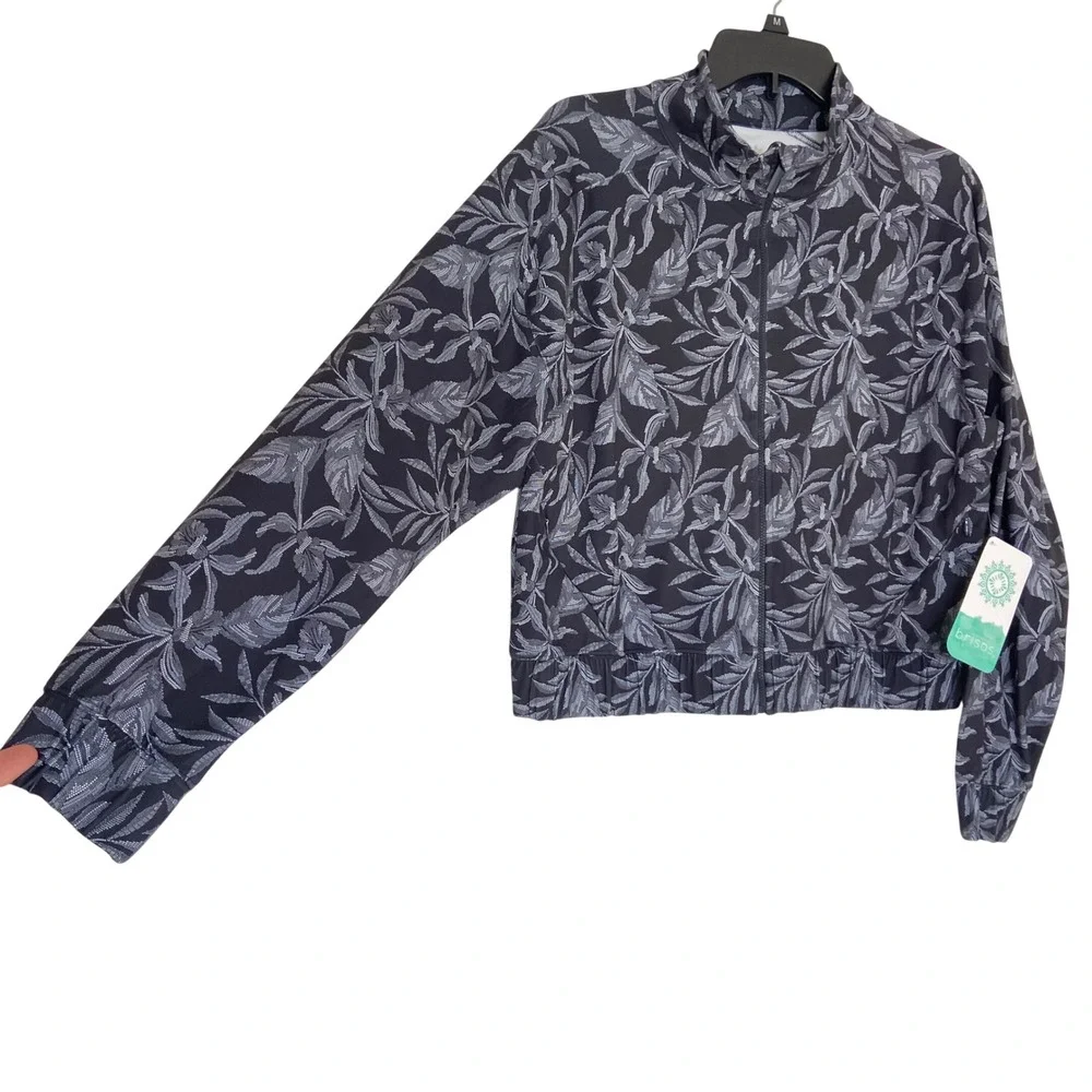 Brisas Womens Athleisure Soft Knit Full Zip Tropical Leaf Jacket Black White M‎